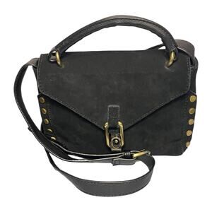 Lionel Black Suede & Leather Crossbody Bag / Top Handle Bag w/ Gold Brass Studs